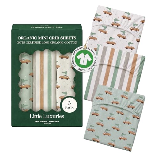 Image of 100% Organic Cotton Mini Crib Sheets (3-Pack) - GOTS Certified, Soft Fitted Sheets for Mini Mattress & Pack n Play, 5 in Deep Pocket with Secure Elastic Fit, Boys & Girls, (27 inch x 39 inch) Croc Race