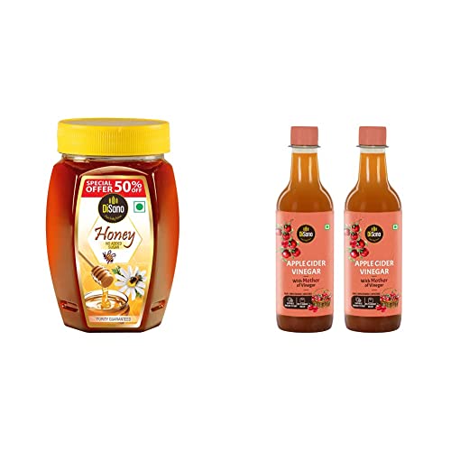 Image of DiSano Pure Honey, 500gm & Apple Cider Vinegar (ACV) with Mother Vinegar, Raw, Unfiltered, Undiluted - 1000 ml (2 x 500ml)