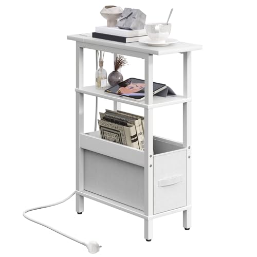 MAHANCRIS Narrow Side Table with Charging Station, 3 Tier Small End Table for Small Spaces, Slim Side Shelf with Storage, for Living Room, Bedroom, White AETBW125KE01