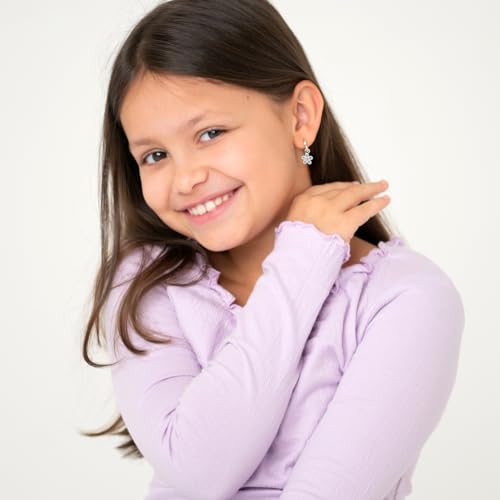 925 Sterling Silver Pink & Clear Cubic Zirconia Encrusted Flower Dangle Hoop Earrings for Young Girls 12mm - Formal Floral Hoop Earrings For Girls - CZ Dangle Hoops For Little Girls2