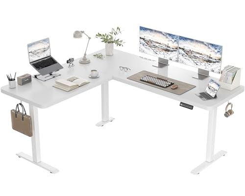 TRIUMPHKEY L-förmig Höhenverstellbarer Schreibtisch Elektrisch mit 3 Memory-Steuerung, 160 x 140cm Eckschreibtisch mit Kabelmanagement und Haken, Ergonomischer Computertisch Weiß