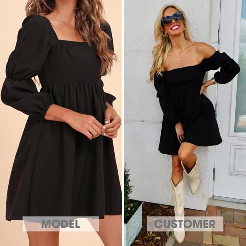 EXLURA Womens 2025 Square Neck Dress Long Puff Sleeve A-Line Casual Short Mini Dresses2
