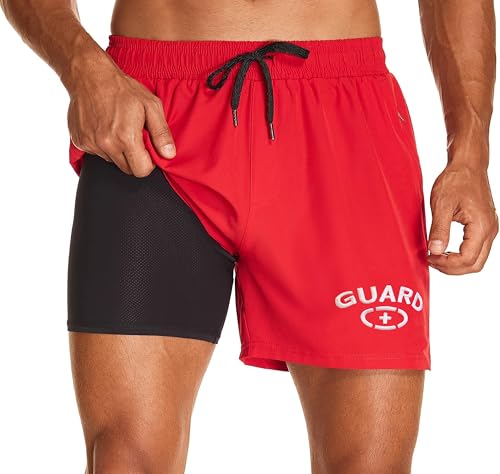 Adoretex Mens Guard Quick Dry Compression Liner Swim Trunks Lightweight 4-Ways Stretch Boardshorts with Side Zipper Pockets (MG013) - Red - M