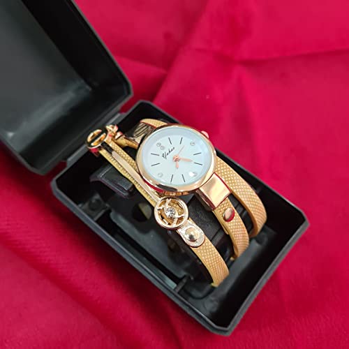 Relogio Feminino Dourado Pulseira De Couro Bracelete Strass