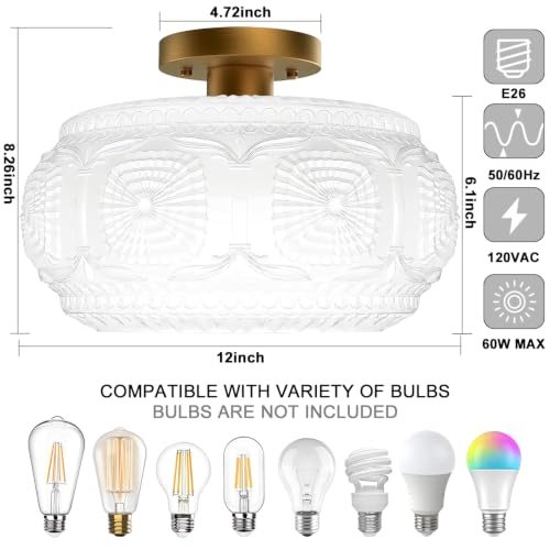 Image of 12 inch Milk Glass Semi Flush Mount Ceiling Light Fixture, Gold Base