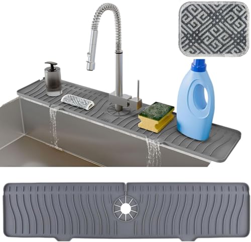 AAROO 24 Inch Longer Faucet Mat for Kitchen Sink with Reusable Multi-Purpose Dish Washing Scrubber, 5° Slope Premium Kitchen Sink Splash Guard, Fast Self-Draining Silicone Mat (Grey)