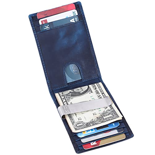 Image of Brooklyn Bridge Genuine Leather Money Clip Wallet for Men Crazy Horse Blue - Premium Slim RFID Protected Wallet with Cash Clip & Multiple Card Slots, Stylish Front Pocket Design, Gift for Men