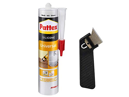 Preisvergleich Produktbild Pattex Silikon Universal, weiß, Besonders vielseitig einsetzbar, UV- und witterungsbeständig, elastisch und abriebfest, Spar-Set mit 300 ml und einem Fugenkratzer Pattex Fugenhai, 9HPFUSWP1X