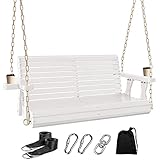 4FT Wooden Porch Swing w/Cupholders,Heavy Duty 800LBS Outdoor Swing Bench w/Chains,Patio Roll Back Swing Chair Bench,Front Porch 2-Person Hanging Bench,for Garden Courtyard Lawn & Balcony