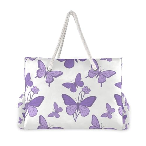 OTVEE Purple Butterflies Pattern Beach Bags for Women Ladies Large Canvas Tote Shoulder Bag Waterproof Travel Bags for Gym Swim Pool Camping2