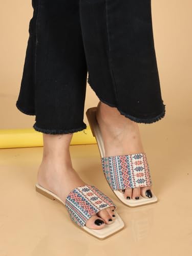 Image of XE Looks Women's Ethnic Slide Sandals | Soft Cushioned Flat Slippers | Comfortable Slip-On Slides for Women & Girls