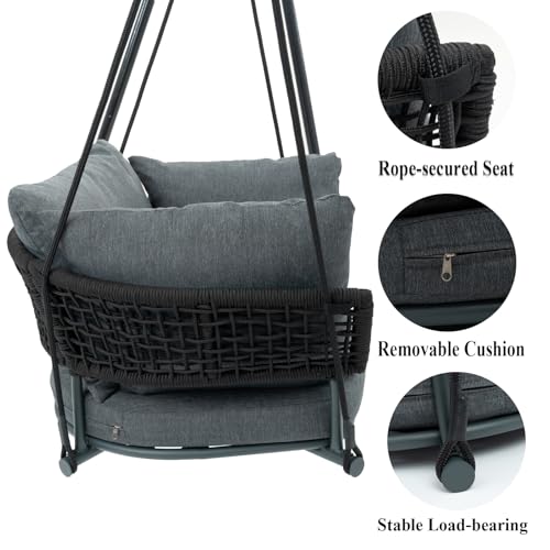 Image of Single Porch Swings Chair with Cushions, Hanging Rope Swing, Hanging Chair for Bedroom, Hammock Chairs Swing Indoor & Outdoor, Macrame Hanging Swinging, Patio, Balcony, Dark Grey