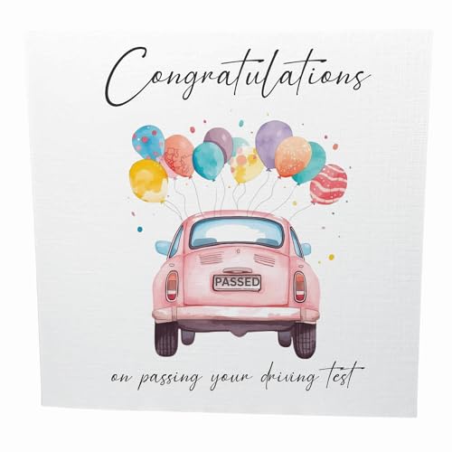 Congratulations Card for Passing Driving Test For Her Pink Car with Balloons Design Textured Linen Effect White Cardstock with Envelope