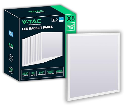 V-TAC 8x Pannelli LED da Incasso 36W - Chip Samsung - Lampada Quadrata 60x60 cm - 4320 Lumen - IP20 - per Soffitto, Ufficio, Casa, Negozio - Plafoniera - Luce 4000K Bianca Naturale