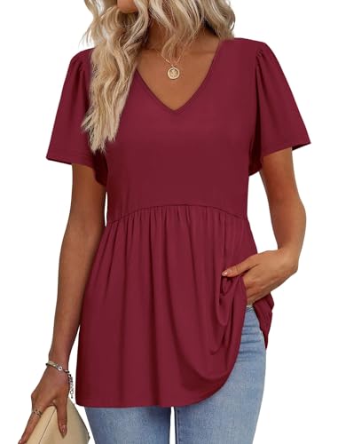 Image of OFEEFAN Womens Summer Tops Babydoll Short Sleeve Shirts Puff Sleeve Peplum Tops V Neck T Shirts