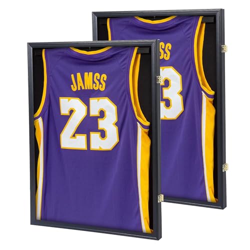 Image of Jersey Frame Display Case 2 Pack, Lockable Shadow Box Sports Jersey Frame with UV Protection Acrylic and Metal Hanger for Baseball Basketball Football Soccer Hockey XXL Shirt, Black