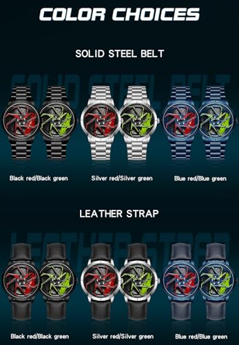 Image of FANMIS Men's Racing Car Wheel Watch 3D Spinning Dial Stainless Steel Watch | Creative 3D Spinning Car Quartz Large Skeleton Face and 30M Water Resistance Designed for Car Fans and Daily Wear.