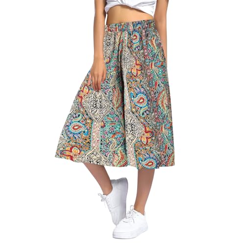 lozssnigzi Jupe Culotte Femme Décontractée 7/8eme Léger Taille Elastique Pantalon Été Chic Ample Jupe Culotte avec Poches Fluide Large Pantalons