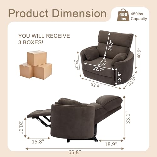 Image of 450lbs Oversized Power Recliner Chair for Big & Tall Adults, Extra Wide Electric Chair with USB & Type-C Ports, Chenille Single Sofa with Pillows for Living Room, Bedroom, Brown