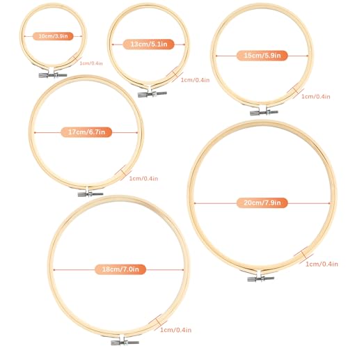 6 Stück Stickrahmen Set aus Bambus, embroidery hoop rund, glatter stickring, verstellbar, stickrahmen holz für Kreuzstich, DIY & Deko, stickrahmen klein in 3/4/5/6,3/7/8 Zoll