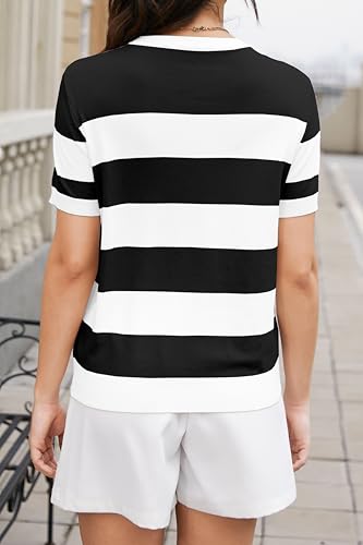 DAIMIDY Women's Striped Sweater Short Sleeve Crew Neck Color Block Knit Blouse Pullover Tops2