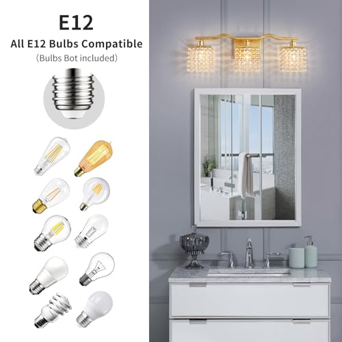 Image of WUZUPS 3-Light Bathroom Light Fixture Over Mirror Morden Vanity Wall Sconces Light Clear Crystal Drop for Bedroom Living Room, E12 Base, Gold
