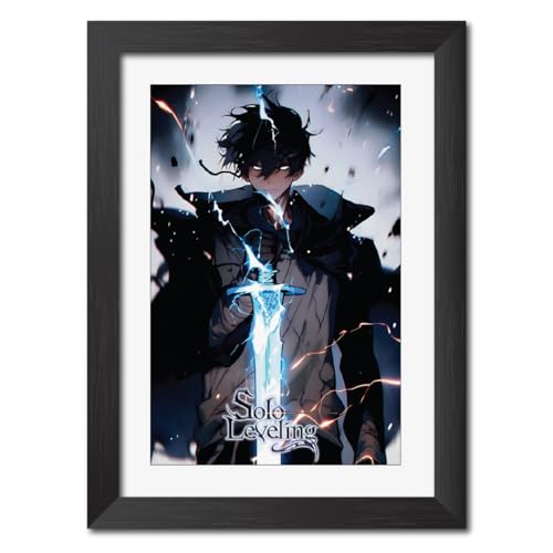 Image of TenorArts Sung Jinwoo Photo Frame Solo Leveling Anime Laminated Poster Framed Painting with Matt Finish Black Textures (12inches x 9inches)