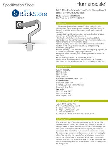 Image of Humanscale M8.1 Adjustable Monitor Arm with Two Piece Clamp Mount and Base - Silver M81CMSBTB