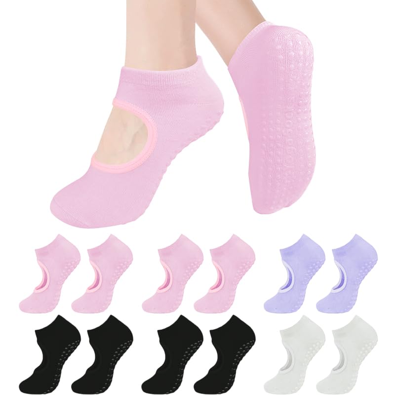 J-BOX 4/6 Pairs Pilates Socks for Women - Non Slip Grip Socks for Yoga, Barre, Hospital, Barefoot (2 Black + 2 Pink + 1 Silver Gray + 1 Purple)