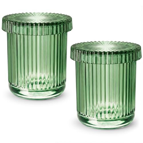 2 Pack Qtip Holder – Apothecary Jars with Lids, Bathroom Organizers and Storage Canister for Cotton Balls,Swabs,Floss Picks,Hair Ties,Clear Glass Vintage Bathroom Decor Jar Set (Green)