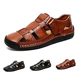 POIOZXD Sandalias de cuero para hombre, con puntera cerrada, ortopédicas, de verano, transpirables, cosidas a mano, zapatos de pescador para caminar, senderismo, playa, Browen, 38 EU