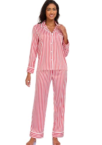 Image of Serenedelicacy Women's Satin Pajama Set Long Sleeve Button Down Sleepwear 2-Piece Silky Pj Set