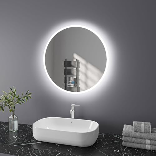 Finmrys Round Bathroom Mirror with LED Lights 600 mm Illuminated Bathroom Mirror Dimmable 3 Colour Warm White Light Memory Function 23.62 inch
