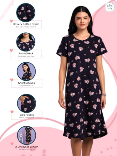 Image of 9shines Label Hosiery Cotton Knee Length Short Night Dress | Short Nighty for Women with Pocket | Graphic Print Nightwear | Night Gown for Women (M-7XL)