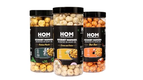Image of H O M House Of Makhana 195g Pudina, Cream and Onion And Peri Peri Gourmet Makhana Jar Roasted in Olive Oil, Flavored Makhana Pack of 3 (65gX3)