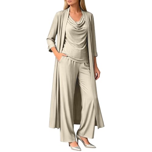 GOSEAGOTOFUN 3 Piece Lounge Sets for Women Crew Neck Tops Long Open Front Cardigan and Loose Pants Fall Travel Lounge Outfits 01-Beige Small - image 1