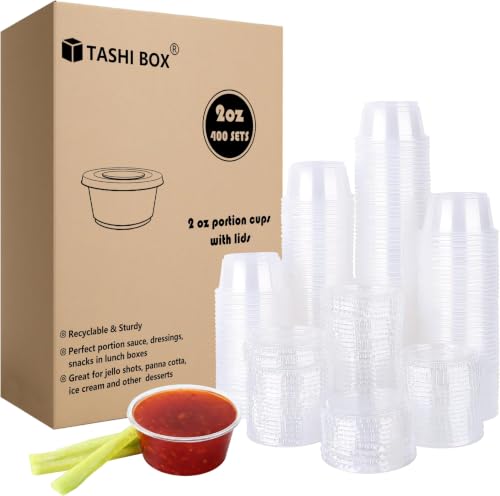 Image of TashiBox 400 Sets - 2 oz Jello Shot Cups with Lids, Small Plastic Portion Cups with Lids, Disposable Condiment Containers for Sauce (Pack of 8)