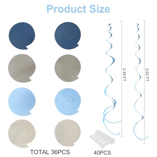 Image of 36 Pcs Dusty Blue Gray Hanging Swirl Decorations Navy Blue Grey Felt Swirl Streamer Spiral Ceiling Garland for Baby Shower Wedding Birthday Engagement Ahoy Achor Nautical Graduation Party Supplies