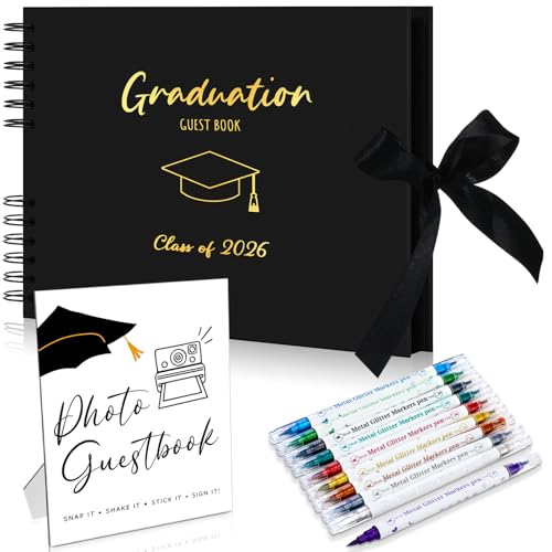 12 Pcs 2026 Graduation Guest Book with Photo Guest Book Sign, 80 Pages Scrapbook Photo Album with 10 DIY Dual Tip Metallic Markers Pens for Party, Exclude Camera(Graduation Cap,Black,10.4 Inches)