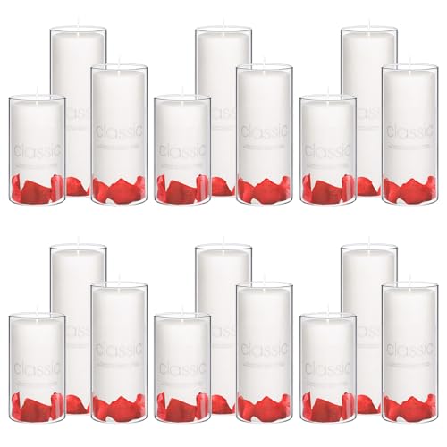 KZITLFE 36 Pcs Pillar Candles and Glass - Wedding Candles for Tables?2.6'' X 4.7'', 6'', 8'' White Pillar Candles Bulk in Glass for Weddings, Parties, Dinners Decorative(18 Set)