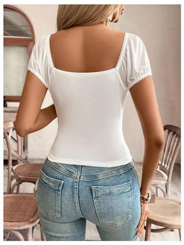 SweatyRocks Women's Ruched Square Neck T Shirt Cap Short Sleeve Slim Fitted Casual Tee Tops2