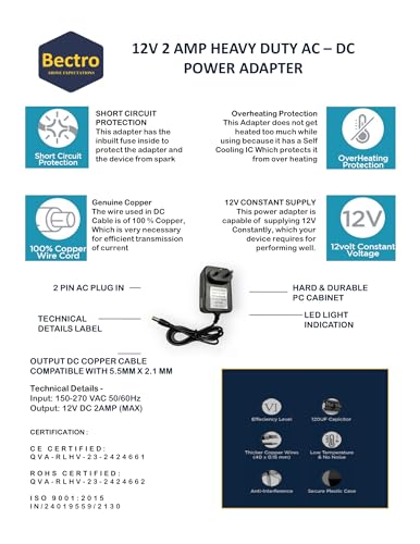 Bectro 12 Volts 2 Amps Heavy Duty Dc Power Adapter/Power Supply/Smps For Cctv Camera, Dvr, Lcd Monitor, Led Strip With 2.5Mm X 5.5Mm Dc Pin Jack,... - Image 7