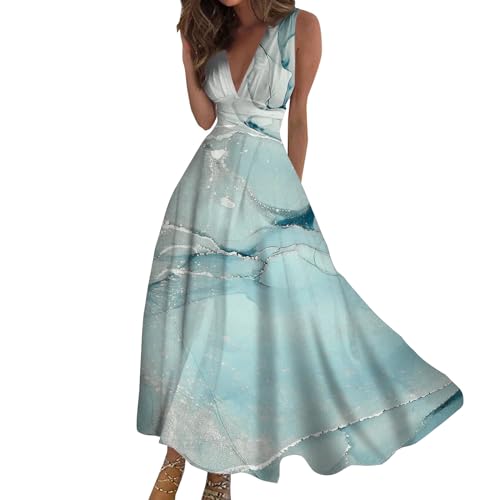 Luckywaqng Vestido interior para mujer, primavera/2024, elegante vestido maxi sin mangas con cuello en V, elegante vestido de playa con estampado fluido, vestido de boda, elegante, marrón, L