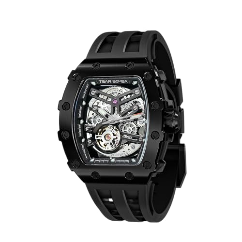 TSAR BOMBA Automatic Tonneau Carbon Fiber Bezel Luxury Mens Watches 50M Waterproof Skeleton Mechanical Stylish Watch for Men Simple Men’s Silver Wrist Watch Cool Unique Watch with Silicone Strap