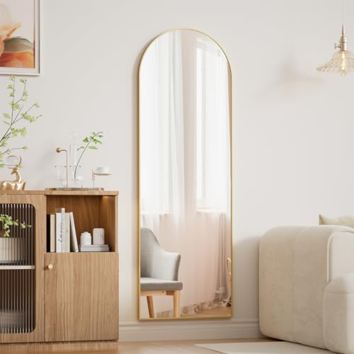 Image of BEAUTYPEAK Arched Full Length Over The Door Mirror 14 inch x 48 inch, Shatterproof Tempered Glass and Aluminum Alloy Frame, No-Drilling Hanging or Wall Mount, Full Body Mirror for Bedroom, Dorm, Gold