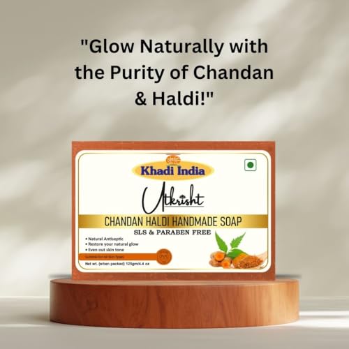 Image of Khadi Chandan Haldi Handmade Bathing Soap Bar 125g (Pack of 4) | Natural & Herbal Anti-Aging Soap for Glowing Skin | Fades Dark Spots & Pigmentation | Reduces Acne & Pimples | All Skin Types
