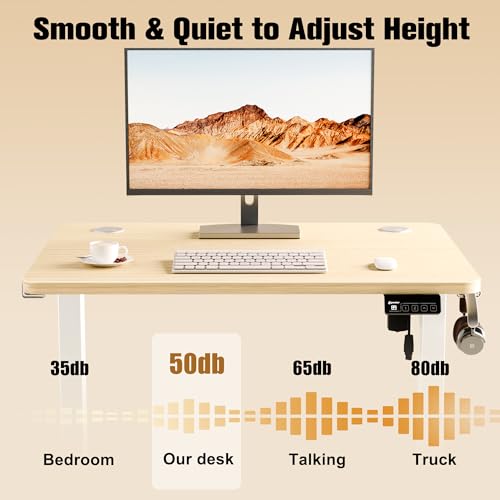 Image of ERGOMAKER Electric Standing Desk 80x60cm (31 inchx23.6 inch), Height Adjustable Sit Stand Desk with Splice Board for Home Office, Computer Desk Memory Preset (White Frame + Golden Oak Desktop)