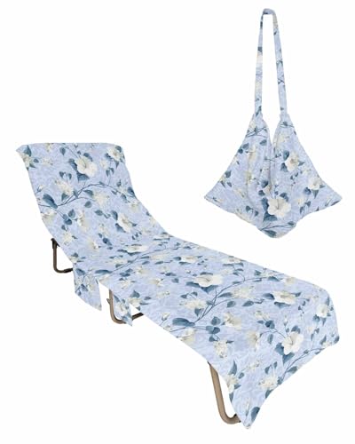 Blue Spring Flower Beach Chair Towel Covers for Chaise Lounge with Side Pocket, Soft Plush Pool Towels Cover for Patio Sunbathing Outdoor 29''x85'' Retro Country French Style Summer Herb