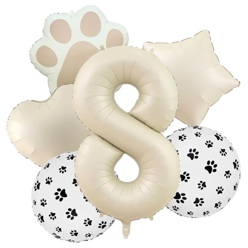 Image of 8th Birthday Dog Paw Balloons Set,18'' Paw Prints, Heart,Star,Paw Shaped Foil Balloon 40 Inch Cream Number 8 Helium balloons for Puppy Themed Third Anniversary Birthday Party Decorations Supplies 6PCS
