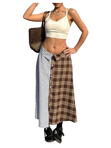 MakeMeChic Women's Y2k Striped Plaid Midi Skirt Low Waist Button Front Skirts
